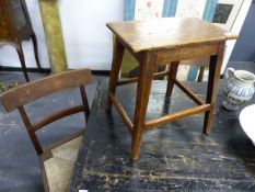 A SMALL 19TH.C.RUSTIC STOOL.AND THREE RUSH SEAT CHAIRS