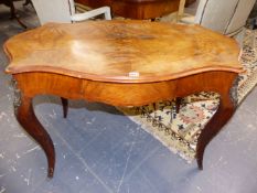 A 19TH.C.WALNUT AND BOXWOOD INLAID SHAPED TOP CENTRE TABLE ON BRONZE MOUNTED SWEPT LEGS. 180cms