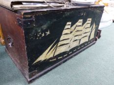AN ANTIQUE PAINTED PINE SHIP'S CHEST WITH DEPICTION OF FOUR MASTED VESSEL TO FRONT. 105cms WIDE