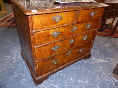 A MID GEORGIAN WALNUT AND INLAID SMALL CHEST OF TWO SHORT AND THREE LONG DRAWERS. 89cms WIDE