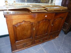 AN 18TH.C.OAK MULE CHEST CONVERTED AS TWO DOOR CABINET. 146cms WIDE.