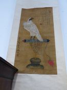 CHINESE SCHOOL, BIRD OF PREY, WATER COLOUR ON PAPER MOUNTED AS A SCROLL CALLIGRAPHIC