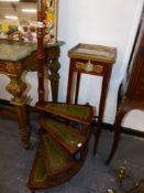 A MAHOGANY AND LEATHER INLAID FOUR STEP LIBRARY LADDER TOGETHER WITH A MAHOGANY AND GILT BRONZE