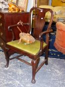 A GOOD EARLY GEORGIAN MAHOGANY ARMCHAIR WITH SHEPHERD'S CROOK ARMS, ON CABRIOLE LEGS AND TURNED