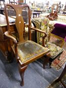 A QUEEN ANNE STYLE MAHOGANY ARMCHAIR TOGETHER WITH A NEEDLEPOINT UPHOLSTERD NURSING CHAIR