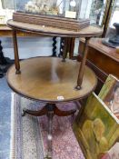 A 19TH.C.MAHOGANY TWO TIER CIRCULAR DUMB WAITER ON TRIPOD SUPPORTS. 94cms HIGH