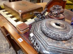 GROUP OF CHINESE CARVED HARDWOOD STANDS, A LACQUER WORK BOX AND AN ANGLO INDIAN FOLDING INLAID GAMES