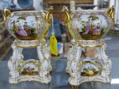 A PAIR OF BERLIN PORCELAIN VASES MODELLED IN THE 18TH CENTURY MANNER. 14CM HIGH