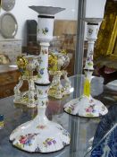 A PAIR OF GEORGIAN BILSTON TYPE ENAMELLED CANDLESTICKS WITH SCONCES. 24CM HIGH