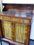 A WM.IV.ROSEWOOD CHIFFONIER WITH SILK PANELLED DOORS. 100cms WIDE