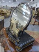 A GEORGIAN EASEL BACK CHINOISERIE DECORATED FOLDING DRESSING TABLE MIRROR, SHAPED PLATE ABOVE