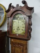 AN EARLY 19TH.C.MAHOGANY AND CROSSBANDED EIGHT DAY LONG CASE CLOCK WITH 13 INCH PAINTED ARCH DIAL,