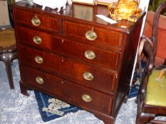 A 19TH.C.MAHOGANY AND INLAID CHEST OF TWO SHORT AND THREE LONG DRAWERS. 95cmsWIDE