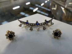 A DIAMOND AND SAPPHIRE CRESCENT BAR BROOCH SET WITH THREE CULTURED PEARLS TOGETHER WITH A SMALL PAIR