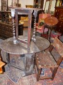 AN 18TH.C. OAK DROP LEAF TABLE ON PLANK END SUPPORTS AND AN 18TH.C.TILT TOP TABLE TOGETHER WITH A