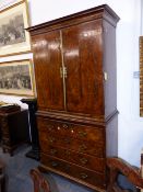 A GEORGIAN.BURR WALNUT SECRETAIRE SIDE CABINET WITH CROSSBANDED PANEL DOORS OVER BRUSHING