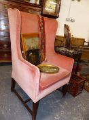 A 19TH.C.HIGH WING BACK ARMCHAIR.