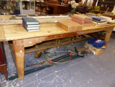 A LARGE VICTORIAN PINE SCULLERY TABLE. 256cms LONG x 120cms WIDE