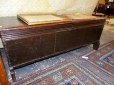 A LARGE 17TH.C.OAK PLANK COFFER. APPROX 137cms WIDE