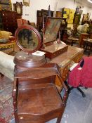 A VICTORIAN MAHOGANY SHAVING STAND, A COMMODE AND A 19TH.C.INLAID SWING MIRROR.