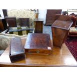 TWO GEORGIAN CANDLE BOXES AND AN INLAID SLOPE TOP TABLE BOX