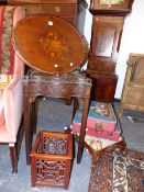 THREE 19TH.C.FOOTSTOOLS, A MAHOGANY GALLERY DRINKS TRAY AND A PIERCED SIDED JARDINIERE TOGETHER WITH