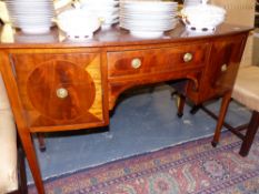 A 19TH.C.MAHOGANY AND INLAID BOW FRONT SMALL SIDEBOARD. 123cms WIDE