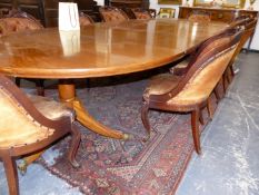 A 19TH.C.MAHOGANY THREE PILLAR EXTENDING DINING TABLE WITH TWO LEAVES. APPROX 358cms LONG x 138cms