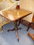 A LATE GEORGIAN MAHOGANY AND CROSSBANDED TILT TOP OCCASIONAL TABLE ON SHAPED TRIPOD SUPPORT. 65cms