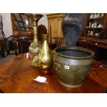 A JAPANESE BRONZE FISH DECORATED JARDINIERE AND TWO POLISHED BRASS EASTERN VASES