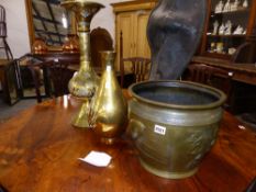 A JAPANESE BRONZE FISH DECORATED JARDINIERE AND TWO POLISHED BRASS EASTERN VASES