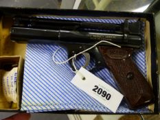 A WEBLEY SENIOR AIR PISTOL BATCH NO 1759- C/W ORIGINAL BOX PART LIST AND INSTRUCTIONS