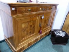 A 19TH.C.CONTINENTAL SATINWOOD SIDE CABINET. 143cms WIDE