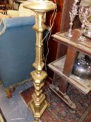 A PAIR OF CARVED GILTWOOD STANDARD LAMPS. APPROX 151cms HIGH