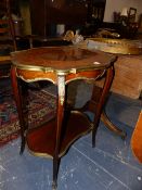 A 19TH.C.ROSEWOOD INLAID AND BRASS MOUNTED TWO TIER OCCASIONAL TABLE. 62cms WIDE.