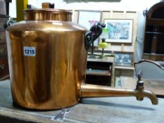 AN ANTIQUE COPPER LARGE IRON MOUNTED HOT WATER POT WITH TAP SPOUT.