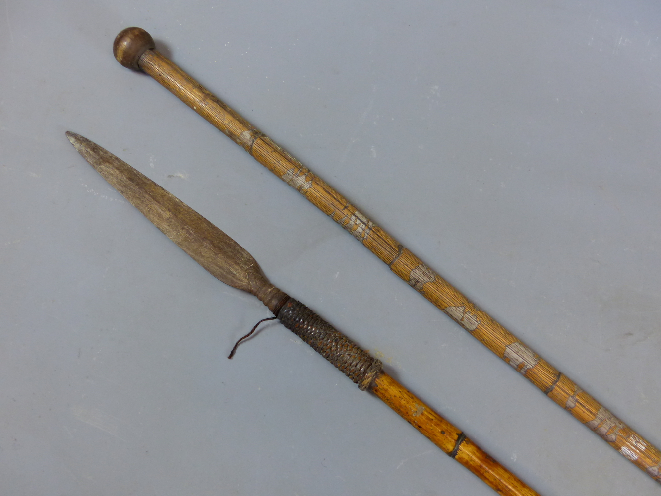 A BAMBOO SHAFTED IRON HEAD SPEAR WITH WOVEN BINDING, PROBABLY AFRICAN TOGETHER WITH A FURTHER BAMBOO - Image 2 of 4