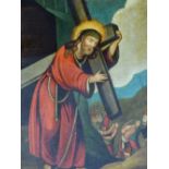 A REVERSE GLASS PRINT DEPICTING CHRIST BEARING THE CROSS, 35 X 25CM.