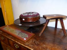 TWO SMALL STOOLS, ONE VICTORIAN WITH BEAD WORK COVER, A DISH TOP MAHOGANY LAZY SUSAN AND A FRAMED