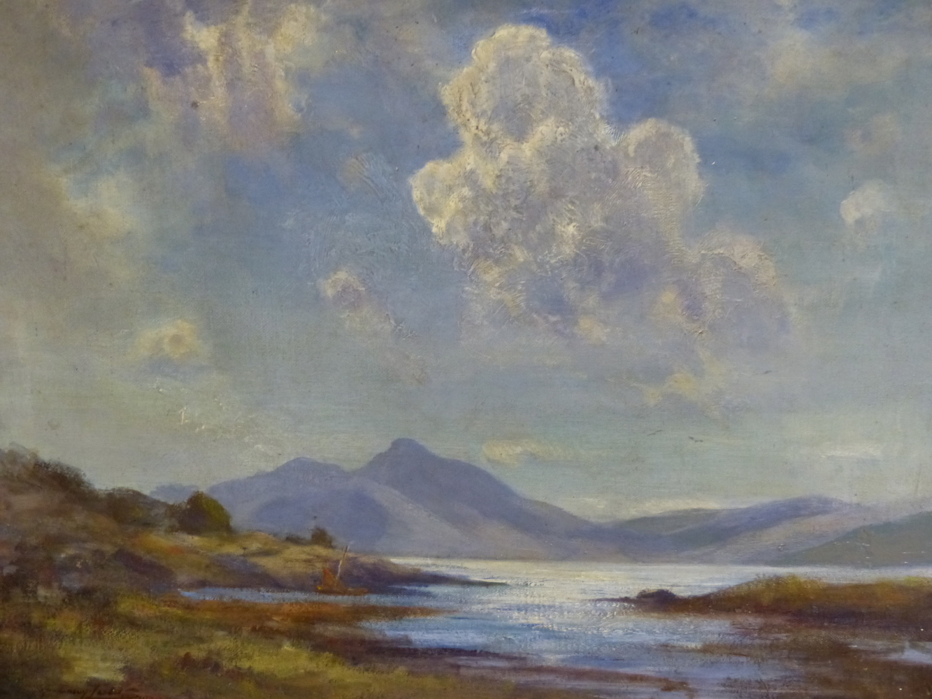 HENDERSON TARBET, SALMON IN THE INLET, SIGNED, OIL ON CANVAS, 39 X 49.5CM.