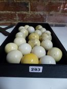 A GROUP OF TWENTY ONE VARIOUS 19TH.C.IVORY BILLIARD BALLS.