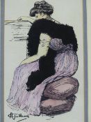 A FRENCH PEN, INK AND WATERCOLOUR OF A FASHIONABLE LADY, SIGNED A. GUILLAUME, 28.5 X 16.5CM AND A