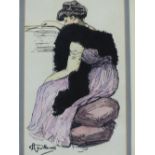 A FRENCH PEN, INK AND WATERCOLOUR OF A FASHIONABLE LADY, SIGNED A. GUILLAUME, 28.5 X 16.5CM AND A