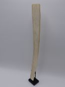 AN ANTIQUE CHINESE IVORY HU TABLET WITH CONFORMING MUSEUM STAND. HEIGHT 36CMS.