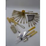 A WHITE METAL FISH SERVING SET TOGETHER WITH VARIOUS OTHER FLATWARE TO INCLUDE VARIOUS IVORY AND