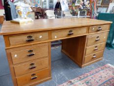 AN ART DECO LARGE PALE OAK PEDESTAL DESK. 175CMS WIDE