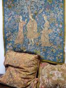 A FRENCH STYLE NEEDLEPOINT TAPESTRY TOGETHER WITH ONE NEEDLEPOINT CUSHION AND ONE FINE THREAD