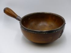 A SILVER MOUNTED TREEN BOWL WITH SIDE HANDLE, TOWN MARK LONDON CIRCA 1879 MAKERS MARK THORNHILL &