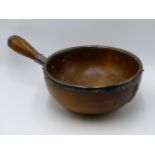 A SILVER MOUNTED TREEN BOWL WITH SIDE HANDLE, TOWN MARK LONDON CIRCA 1879 MAKERS MARK THORNHILL &