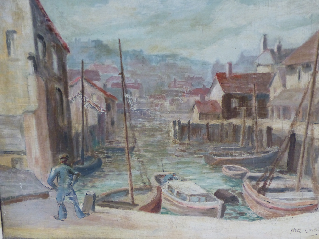 NOEL COWARD (1899-1973) (ARR), FISHERMAN BY HARBOUR WALL, SIGNED, OIL, 38 X 48CM.